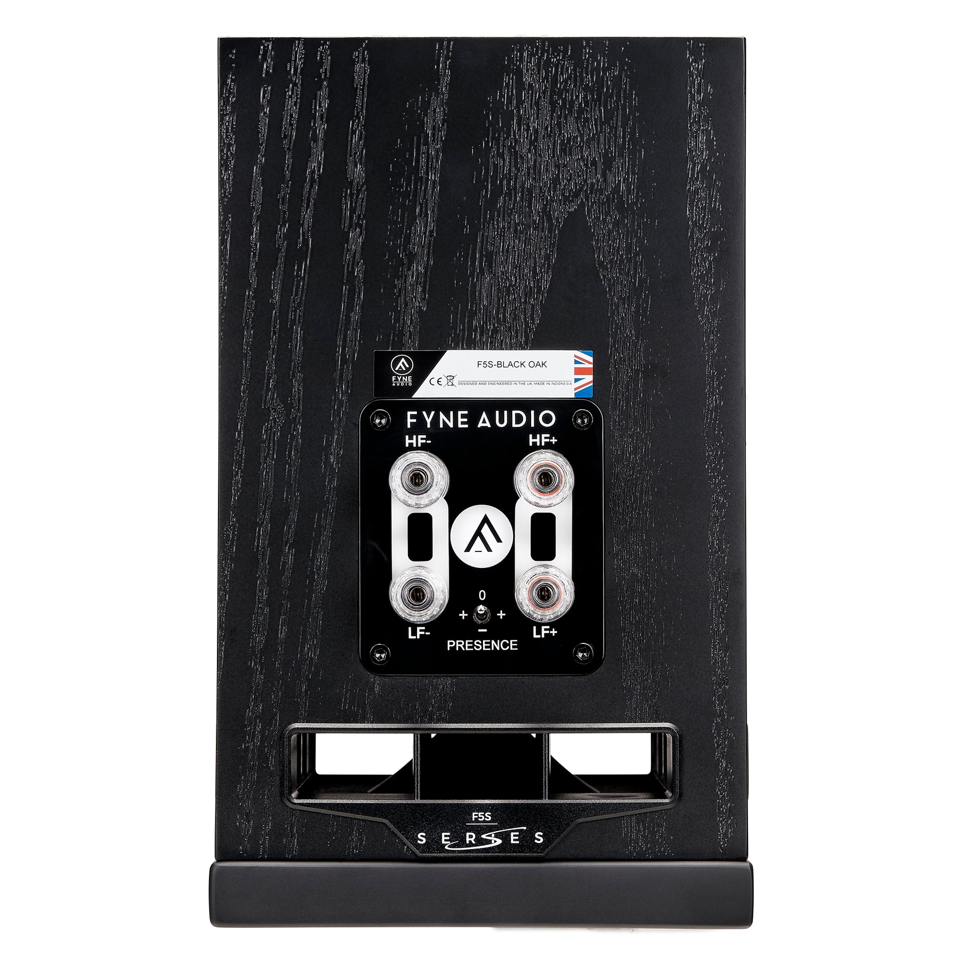 Fyne Audio F5S Bookshelf Loudspeaker (pair) - Black Oak finish, rear view, connector ports